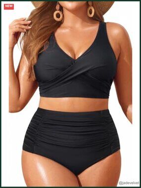 Plus Size Two Piece Swimsuit High Waisted Bikini Set Tummy Control